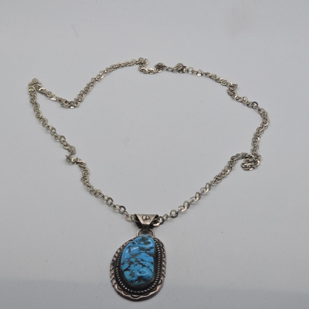 Vintage Native American Sterling Silver Signed Turquoise Pendant Necklace - Picture 10 of 10